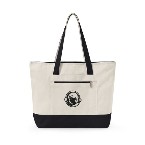 Canvas Tote Bag with Moon & Calligraphy Print — Zippered Beach Everyday Tote